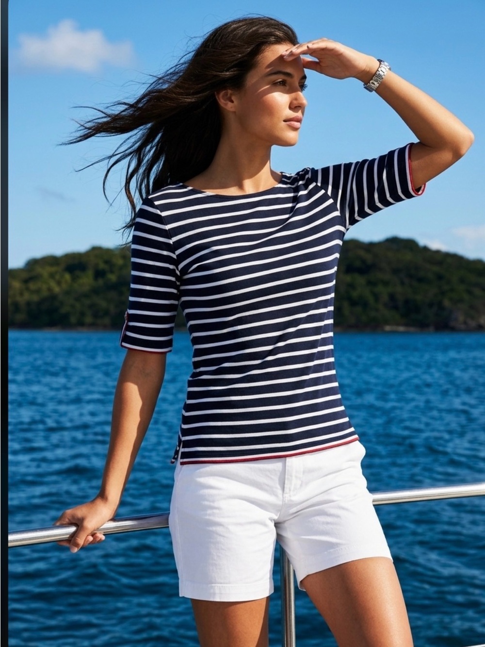 Tommy Hilfiger Black & White Striped Boat Neck Roll Tab Sleeve Top Women’s Large